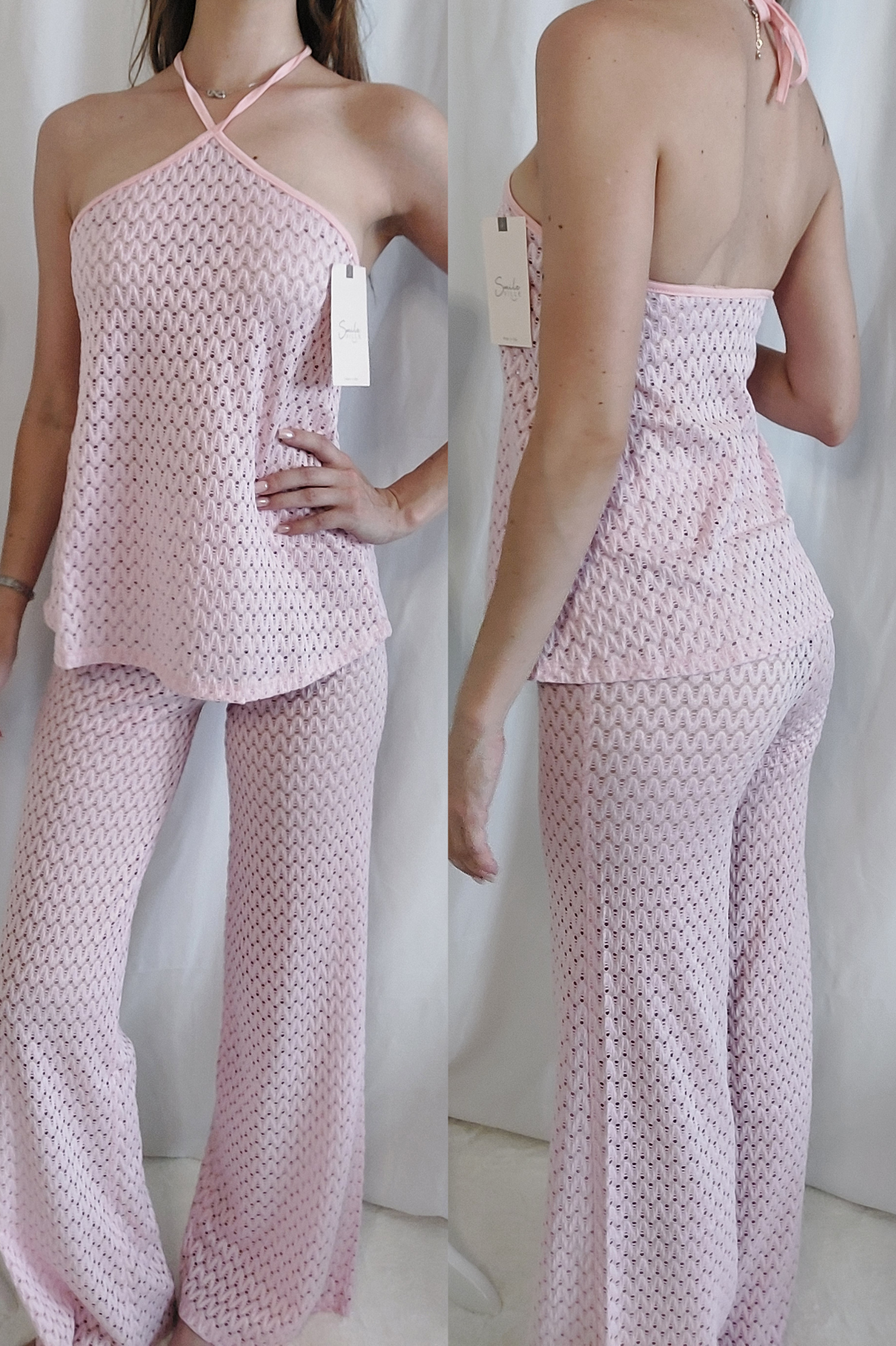 Strick-Set mit rückenfreiem Top – Rosa