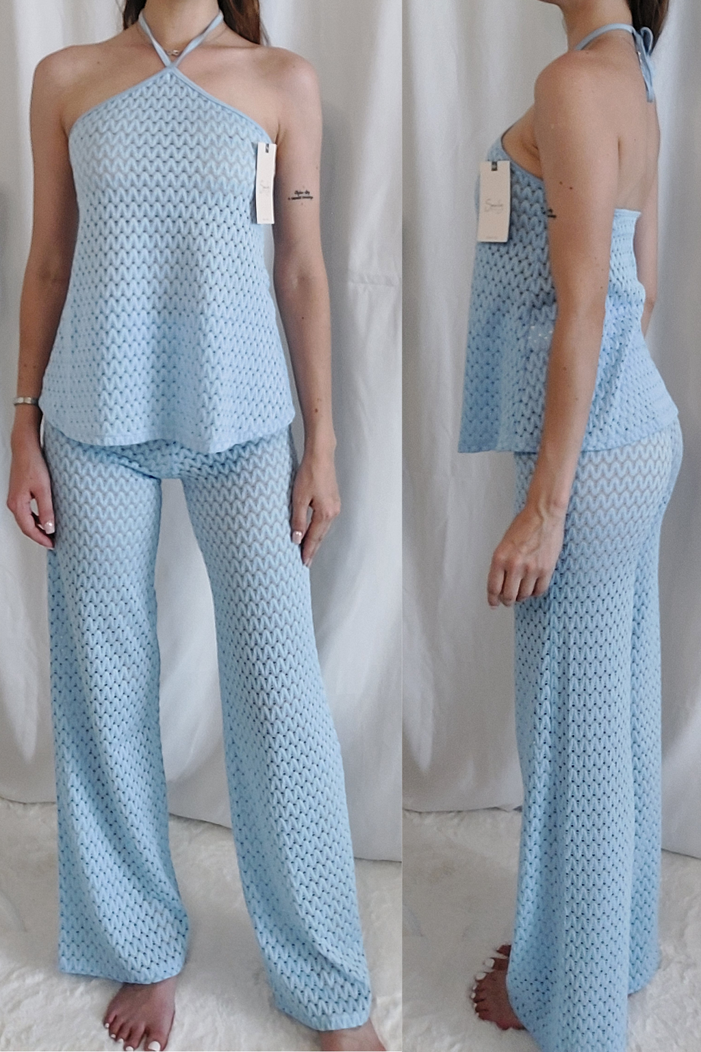 Strick-Set mit rückenfreiem Top – Blau