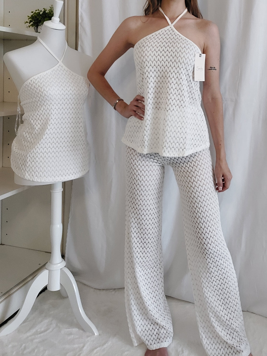 Strick-Set mit rückenfreiem Top – Weiss