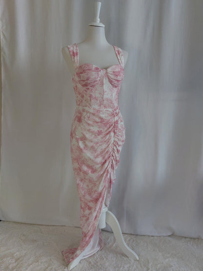 Satin-Maxikleid mit floralem Print - Rosa